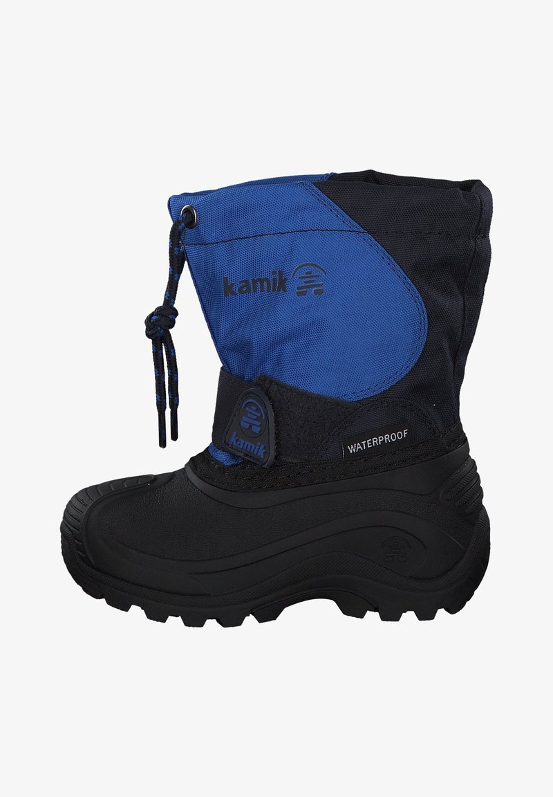 Botte d'hiver imperméable noire et bleue avec une semelle en caoutchouc durable, un dessus en nylon texturé et un cordon de serrage à la tige.