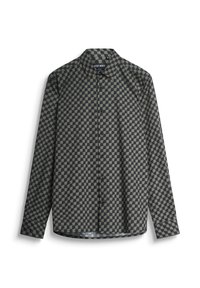 Camisa de manga larga en tonos oscuros con un patrón geométrico de círculos claros y oscuros alternos, confeccionada en una tela suave y con un cuello clásico.