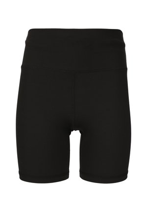 Mustat, korkeavyötäröiset joustavat pyöräilyshortsit, joissa on litteät saumat ja reiden puoliväliin ulottuva lahkeen pituus, suunniteltu urheilukäyttöön.