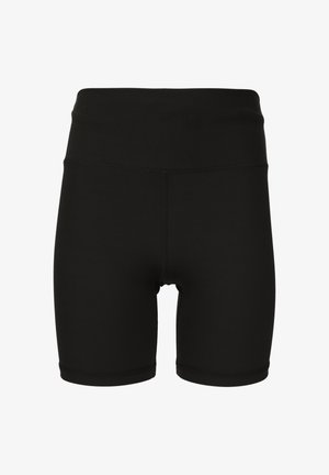 Schwarze, hoch taillierte, elastische Biker-Shorts mit flachen Nähten und mittellanger Oberschenkellänge, entworfen für sportliche Aktivitäten.
