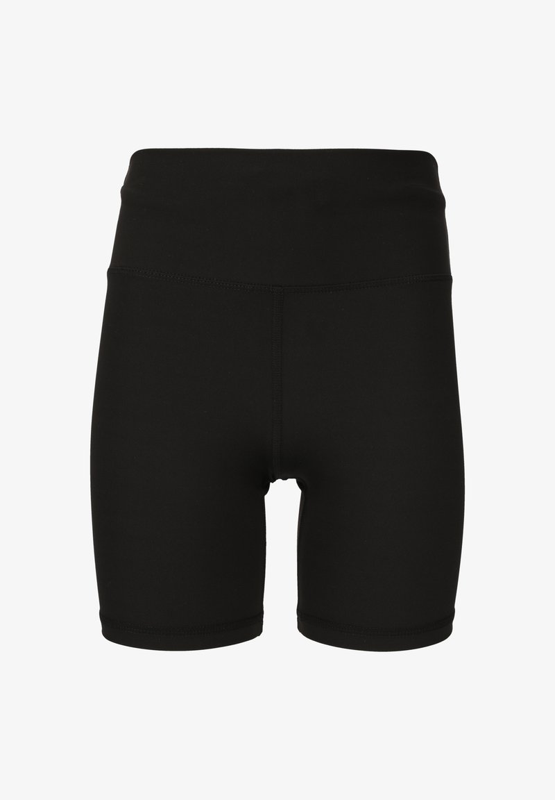 Shorts de cycliste noirs extensibles à taille haute avec coutures plates et longueur mi-cuisse, conçus pour une tenue sportive.