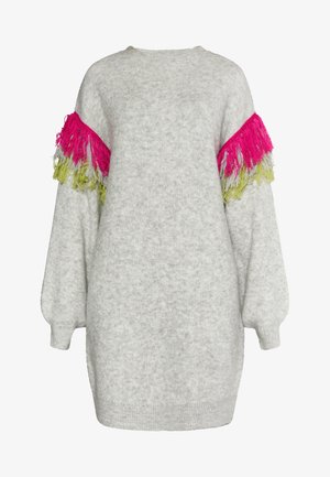 Gray knitted dress featuring long sleeves with pink and green fringe accents. Soft texture and loose fit with a round neckline.