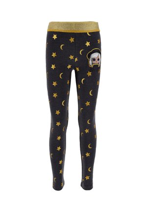 Gray leggings with gold star and moon patterns, featuring a gold elastic waistband and a character graphic on the front thigh.