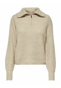 Beige gebreide trui met een halve ritskraag, lange mouwen en een textuurpatroon. De stof heeft een zachte en gezellige uitstraling.
