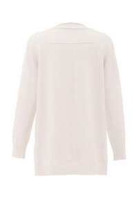 Lichte beige gebreide trui met lange mouwen, geribbelde manchetten en zoom, met een centrale achternaad detail. Zachte, lichte textuur.