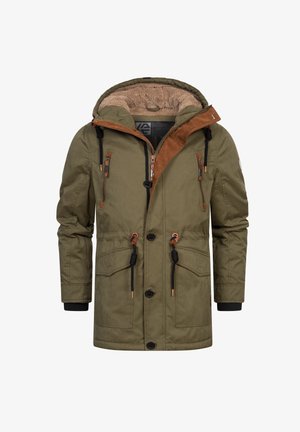 Veste d'hiver vert olive avec des finitions en velours côtelé marron, capuche doublée en polaire, cordons de serrage noirs, poches poitrine zippées et fermeture frontale à boutons.