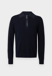 Námornícky modrý pletený sveter so zipsovým golierom, rebrovanými manžetami a lemom. Má textúrovaný vzor a kontrastnú látku na golieri.