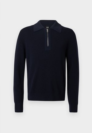 Camisola de malha azul-marinho com gola com fecho de correr, punhos e bainha canelados. Apresenta um design texturizado e tecido da gola contrastante.