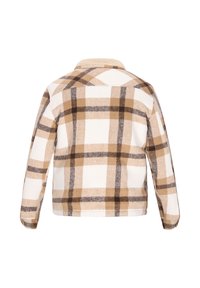 Beige, barna és fehér árnyalatú kockás ing. Hosszú ujjaival, gallérjával és puha textúrájával rendelkezik, melyen kiemelkedő kockás minták láthatók.