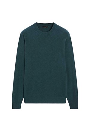Dark green sweater made of soft fabric, featuring a round neckline, long sleeves, and ribbed cuffs and hem. Simple, flat design.