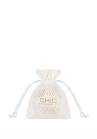 White fabric drawstring pouch with gold "CHIC BY LIRETTE" logo and sunburst design, soft texture, and rounded bottom shape.