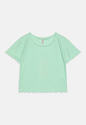 Világoszöld, ribbed anyagból készült, rövid fazonú póló, kerek nyakkivágással és fodros rövid ujjakkal.