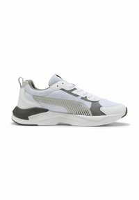 White and gray athletic sneakers with mesh upper, patterned side accents, cushioned sole, and pull tab at the heel.