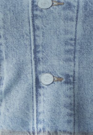 Heled sinises denimit kangas, millel on kaks esist doput ja vertikaalsed õmblused. Tekstuur on veidi kulunud ja värviparandused on peened.