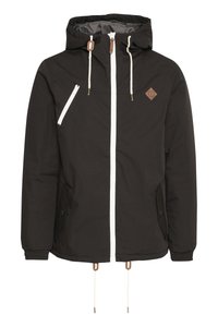 Black hooded jacket with a white zipper, two side pockets, a small chest pocket, and brown accents on the drawstrings and logo badge.