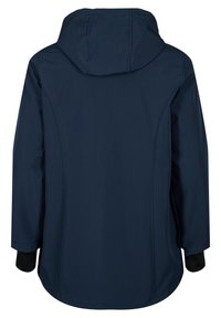 Chaqueta impermeable de color azul marino con capucha. Presenta una textura suave y puños de acento negros. Los detalles de costura a lo largo de la parte posterior realzan el diseño.