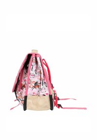 Rugzak met een roze buitenkant, beige basis en een kleurrijk paardenpatroon aan de binnenzijde. Voorzien van verstelbare schouderbanden en dubbele ritsen.