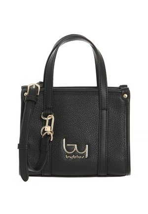 Borsa a mano in finta pelle nera con finitura testurizzata, logo dorato, manici corti e tracolla removibile. Forma rettangolare compatta.