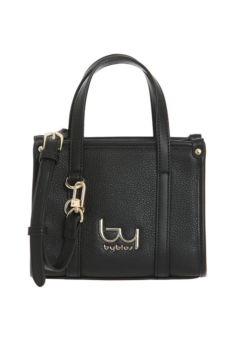 Borsa a mano in finta pelle nera con finitura testurizzata, logo dorato, manici corti e tracolla removibile. Forma rettangolare compatta.