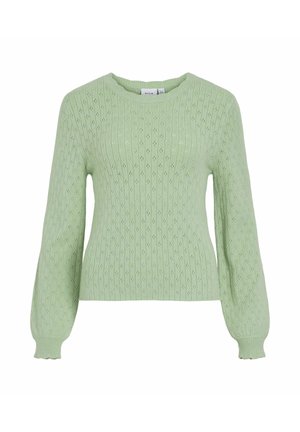 Svetlo zelena pletena majica z rebrasto teksturo, dolgimi rokavi in okroglim izrezom z nazobčanim robom.