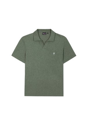 Korte mouw polo shirt in olijfgroen katoenmix, met een V-hals kraag, textuurstof, en een klein boompje logo op de linker borst.