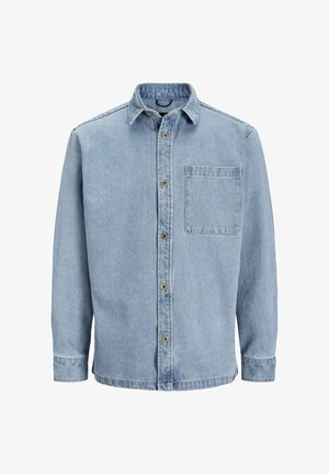 Camasa din denim de culoare albastră deschisă, cu mâneci lungi, închidere cu nasturi, guler ascuțit, un singur buzunar pe piept și cusături contrastante. Textură moale.