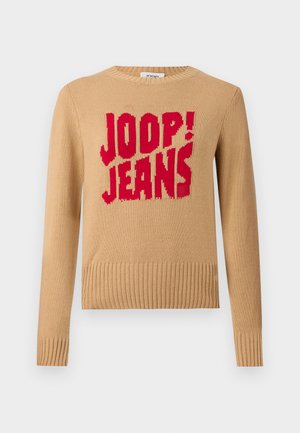 Bees värvi kootud sviiter ribadega mansettide ja äärisega. Ees on selgelt nähtav suur punane tekst "JOOP! JEANS".