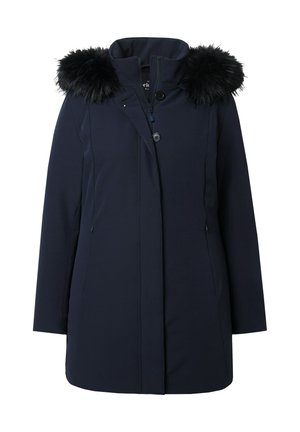 Abrigo de invierno azul marino con capucha de piel sintética. Cuenta con cierre de cremallera y botón, bolsillos laterales y una textura de tela suave.