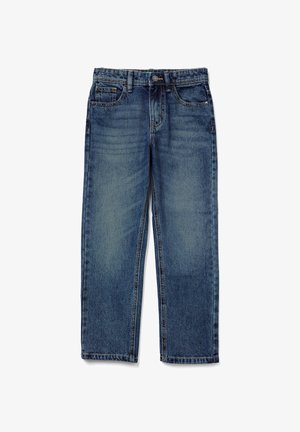Jeans di denim blu con tasche anteriori, passanti per cintura, chiusura con bottone e leggero sbiadimento su cosce e ginocchia.