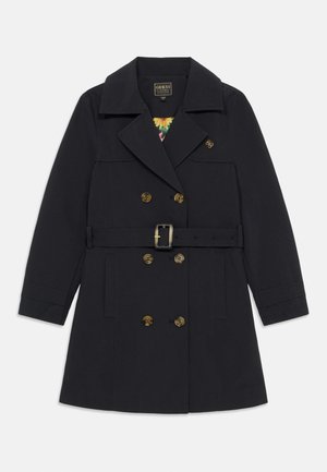 Marine trenchcoat laget av slitesterk stoff, dobbel-breasted med gullknapper, belte i midjen og bred krage. Blomsterforing synlig.