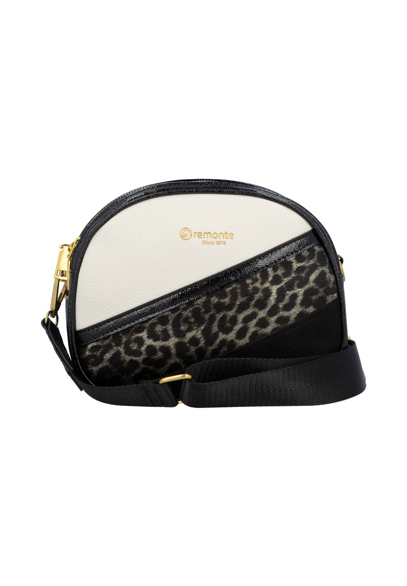 Lille crossbody taske med hvid lædertop, diagonal leopardprint panel, sorte detaljer, guld logo og justerbar sort stofrem.