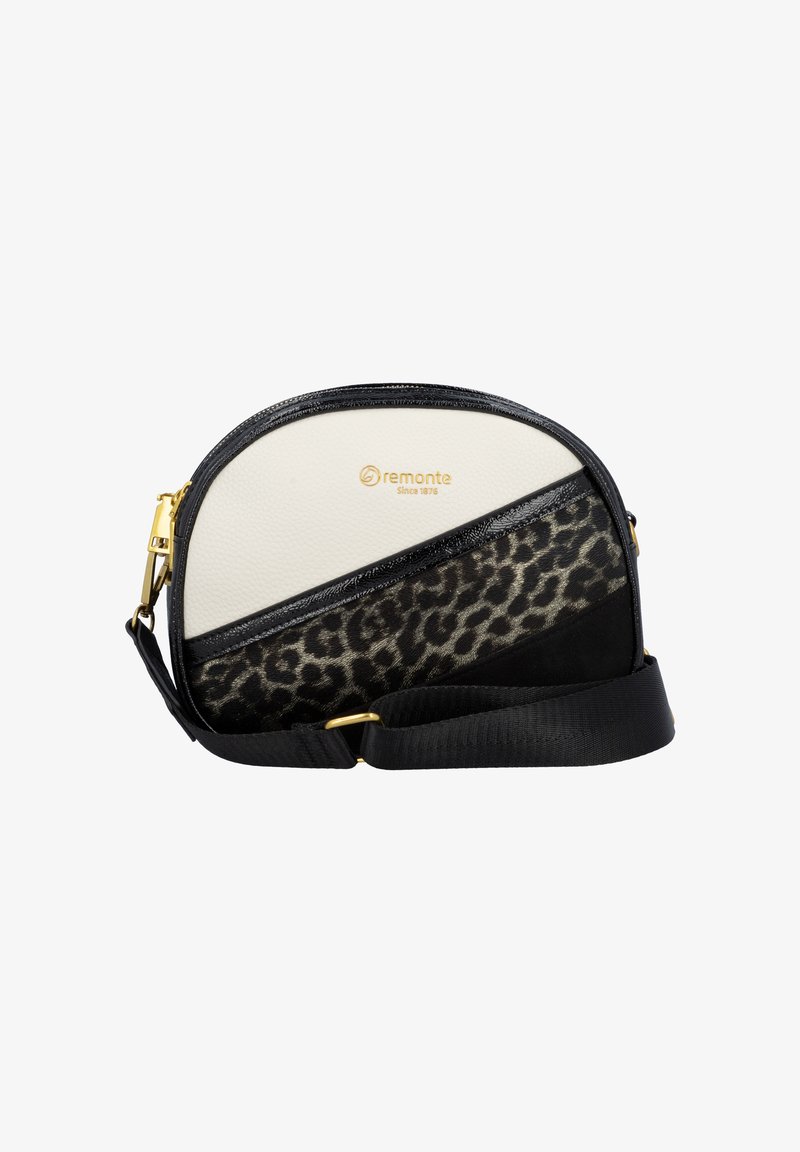 Lille crossbody taske med hvid lædertop, diagonal leopardprint panel, sorte detaljer, guld logo og justerbar sort stofrem.