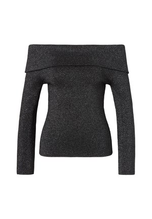 Fekete csillogó, váll nélküli, hosszú ujjú felső, széles hajtott nyakkivágással és testhez simuló sziluettel, fehér háttéren bemutatva.