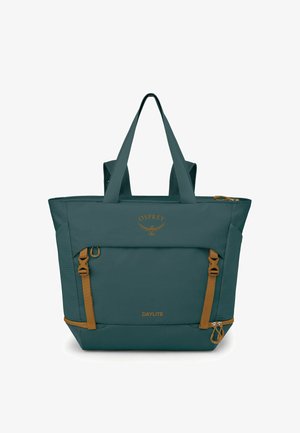 Borsa a mano Osprey Daylite verde scuro con cinturini marroni, tasca frontale e doppi manici superiori su sfondo bianco.
