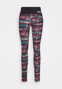 Multikleur atletische leggings met een zwarte hoge tailleband, abstracte patronen in rood, turquoise en crème, en een gladde stoftextuur.