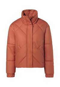 Dikke, cropped jas in roestkleur. Bevat een hoge kraag, diagonale stiksels en elastische manchetten. Gemaakt van een glanzend, glad materiaal.