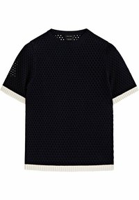 Marineblaues, gestricktes T-Shirt mit atmungsaktivem Mesh-Design, kurzen Ärmeln und cremefarbenen, gerippten Akzenten am Saum und an den Ärmeln.