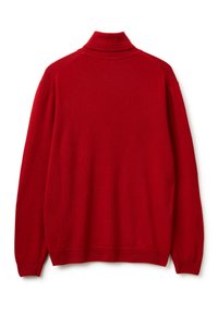 Czerwony sweter z dzianiny o wysokim kołnierzu, z długimi rękawami, prążkowanymi mankietami i gładką fakturą. Brak wzorów i ozdób.