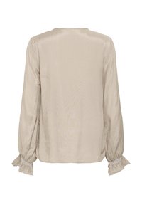 Beige Bluse mit langen Ärmeln und gerafften Bündchen sowie einer glatten, glänzenden Textur. Rundhalsauschnitt und lockere Passform.