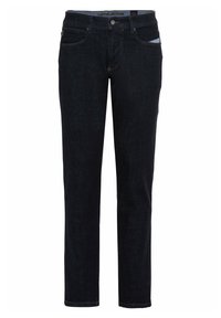 Vaqueros de denim azul oscuro con corte recto, diseño de cinco bolsillos, cierre de botón y un sutil detalle de costura a lo largo de las costuras.
