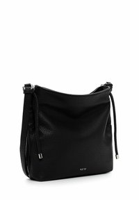 Black leather handbag with pebbled texture, shoulder strap, and a drawstring closure. Features a subtle logo detail on the front.