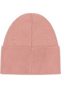 Cappello di maglia rosa con texture a coste e orlo ripiegato; presenta una corona liscia e senza cuciture, con leggere linee verticali nel design.