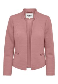 Blazer rose pâle avec un motif chevron texturé, doté d'un col mandarin, d'une ouverture avant et de poches latérales. Doublure intérieure lisse.