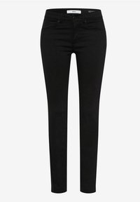 Vaqueros skinny de mezclilla negra con una cintura de altura media, cinco bolsillos y detalles de costura sutiles. La tela parece suave con un ligero estiramiento.