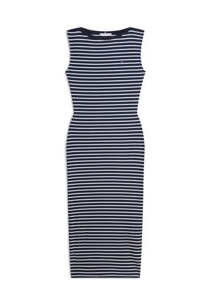 Ærmeløs mellemlang kjole i mørkeblå med hvide vandrette striber og et lille broderet logo på brystet.