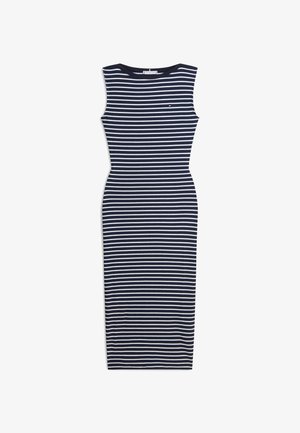 Ujjatlan, tengerészkék midi ruha fehér vízszintes csíkokkal és egy kis hímzett logóval a mellkason.