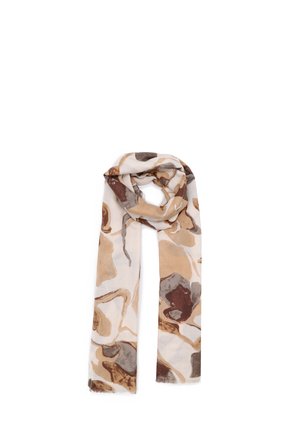 Foulard leggero con un motivo astratto nelle tonalità di marrone, beige e crema. Realizzato in tessuto morbido con bordi sfrangiati.