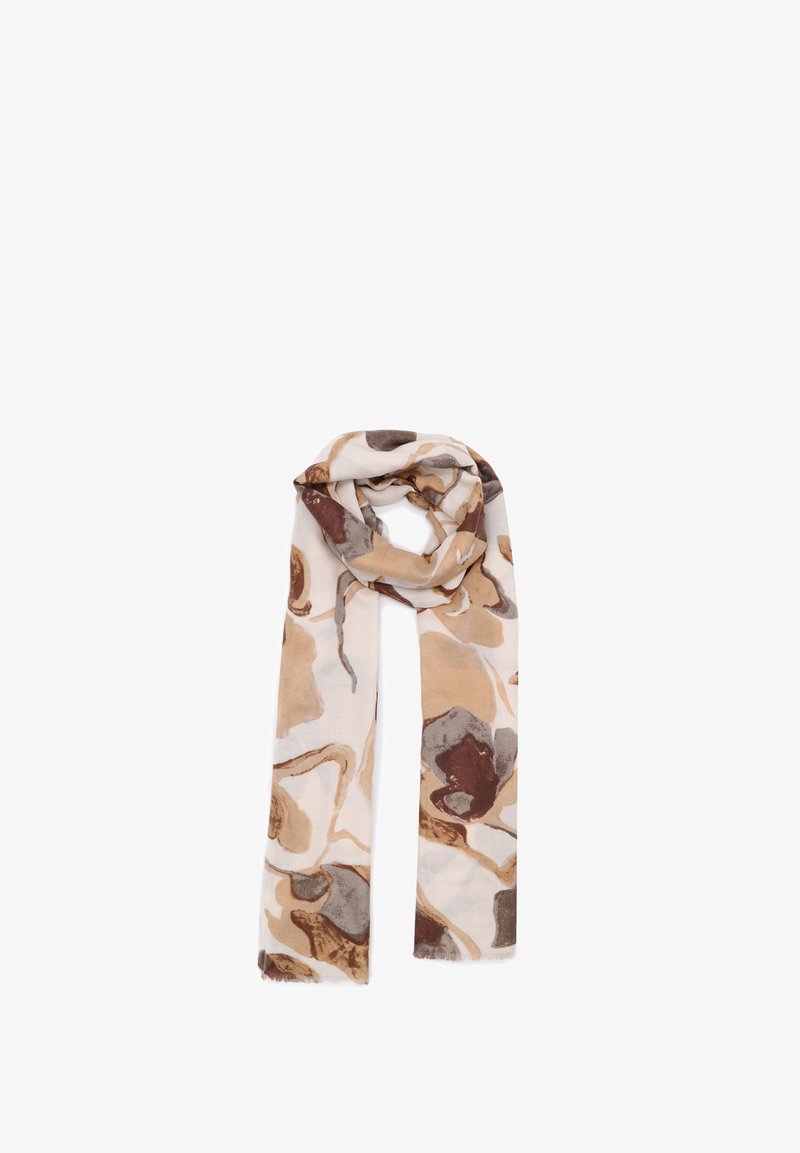 Foulard leggero con un motivo astratto nelle tonalità di marrone, beige e crema. Realizzato in tessuto morbido con bordi sfrangiati.