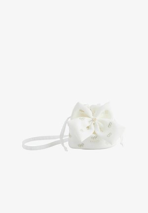 Balts somiņas ar auklu un lielu loku, rotāts ar smalkām zelta rakstām un mazām sirds formas pogām centrā. Gluda tekstūra.