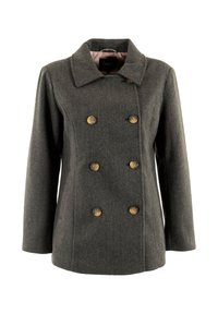 Cappotto peacoat in misto lana grigio scuro con collo a rever, chiusura doppio petto e bottoni dorati, dotato di una fodera interna liscia.